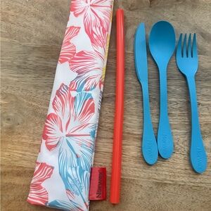 Norwex Blue ECO Utensils Set with Straw & Floral Pouch